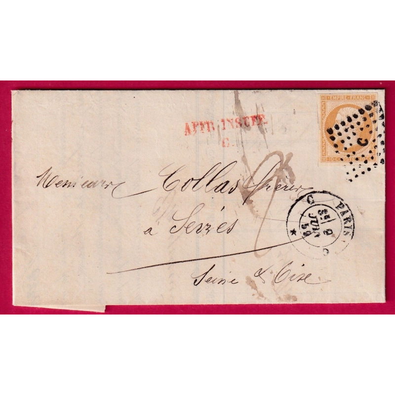 N°13 TTB PARIS BUREAU C 1859 RARE AFFR INSUFF C EN ROUGE POUR SEVRES SEINE ET OISE LETTRE FRANCE