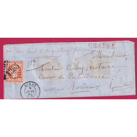 N°23 GC 1365 DURAS LOT ET GARONNE LETTRE CHARGE POUR BORDEAUX FRANCE