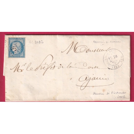 N°60 GC 3032 PRUNELLI DI FIUMORBO CORSE LE 26 SEPTEMBRE 1871 POUR AJACCIO LETTRE FRANCE