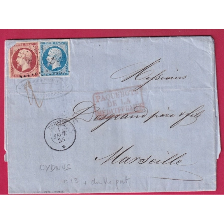 N° 14 17A PAQUEBOT POSTE CYDNUS 1858 DE CONSTANTINOPLE TURQUIE TURKEY POUR MARSEILLE DOUBLE PORT LETTRE FRANCE