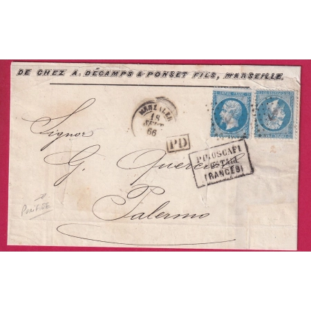 N°22 X2 ANCRE PAQUEBOT POSTE MENZALEH PALERME ITALIE ENTAILLE DE PURIFICATION DEVANT DE LETTRE FRANCE ERREUR MENZALEH