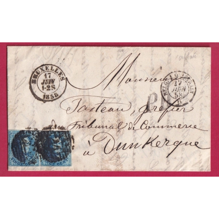 BELGIQUE 20C X2 BRUXELLES 1858 POUR DUNKERQUE NORD LETTRE COVER