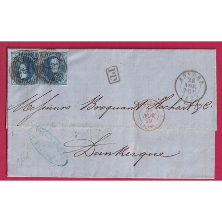 BELGIQUE 20C X2 ANVERS 1859 POUR DUNKERQUE NORD LETTRE COVER