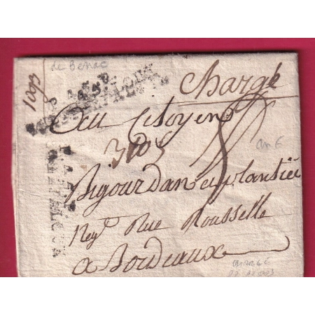 RARE MARQUE CHARGE P45P CASTELJALOUX LOT ET GARONNE + PP BONNET PHRYGIEN AU DOS MAL FRAPPE PARIS 1798 LETTRE FRANCE