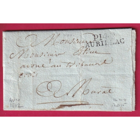 MARQUE P14P AURILLAC CANTAL 16mm INDICE 15 POUR MURAT AN10 1802 LETTRE FRANCE
