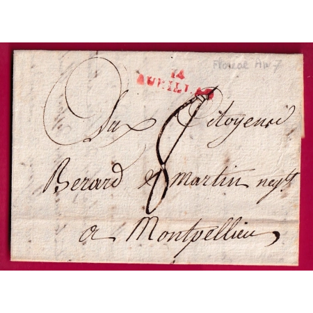 MARQUE 14 AURILLAC CANTAL EN ROUGE AN7 1799 POUR MONTPELLIER INDICE 14 LETTRE FRANCE