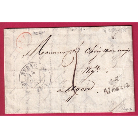 CURSIVE 45 MEZIN EN NOIR 1835 TYPE 12 NERAC POUR AGEN LOT ET GARONNE INDICE 16 DECIME RURALE LETTRE FRANCE