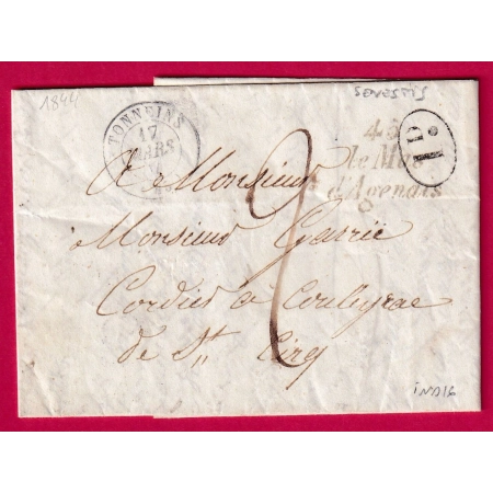 CURSIVE 45 LE MAS D'AGENAIS LOT ET GARONNE DECIME RURALE SENESTIS T15 TONNEINS POUR ST CIRQ 1844 IND 16 LETTRE FRANCE