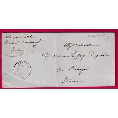 CAD TYPE 15 BEAUJEU RHONE BOITE RURALE E CONTRESEING LE MAIRE DE MARCHAMPT 1864 LETTRE LOCALE FRANCE