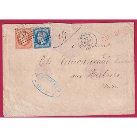 N°14 16 PC 898 COGNAC CHARENTE LETTRE CHARGE POUR LES HERBIERS VENDEE LETTRE FRANCE