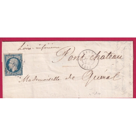 N°10 PC 3484 VANNES MORBIHAN 1854 POUR PONT CHATEAU LOIRE INFERIEURE LETTRE FRANCE