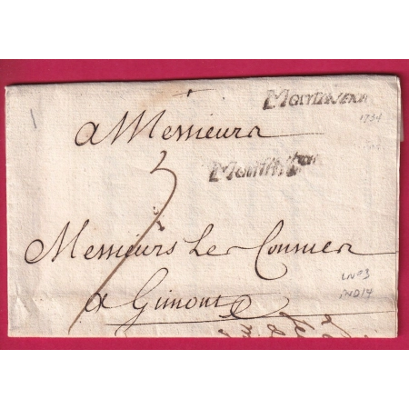 MARQUE MONTAUBAN 1734 TARN ET GARONNE LENAIN N°3 INDICE 14 POUR GIMONT GERS LOT LETTRE FRANCE
