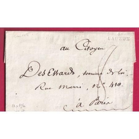 MARQUE A SEC 45 LAUZUN LOT ET GARONNE 22X71/2 INDICE 18 POUR PARIS PERIODE REVOLUTION FRANCAISE LETTRE FRANCE