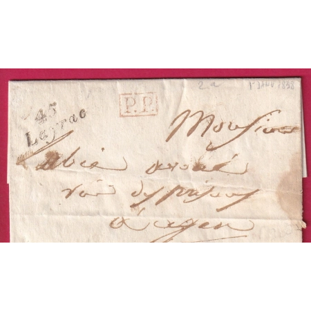 CURSIVE 45 LEYRAC LOT ET GARONNE PP ROUGE TAXE LOCALE 1 AU DOS POUR AGEN ARRIVEE 1ER JANVIER 1838 LETTRE FRANCE