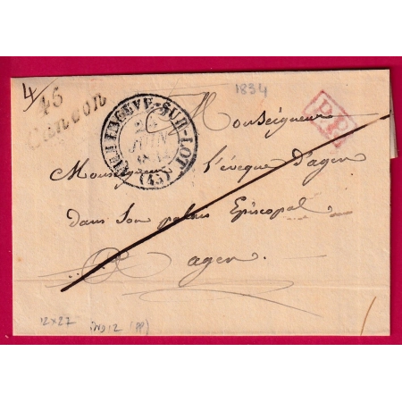 CURSIVE 45 CANCON LOT ET GARONNE + PP ROUGE CAD TYPE 12 VILLENEUVE SUR LOT POUR AGEN 1834 LETTRE COVER FRANCE