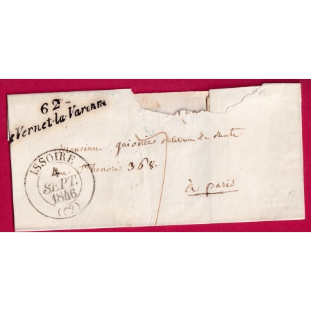 CURSIVE 62 LE VERNET LA VARENNE PUY DE DOME T13 ISSOIRE 1846 AU DOS AMBULANT ROUTE DE MOULINS EN BLEU LETTRE FRANCE