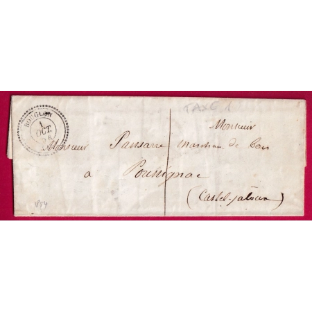 CAD TYPE 22 BOUGLON LOT ET GARONNE TAXE LOCALE 1 POUR CASTELJALOUX 1854 LETTRE FRANCE