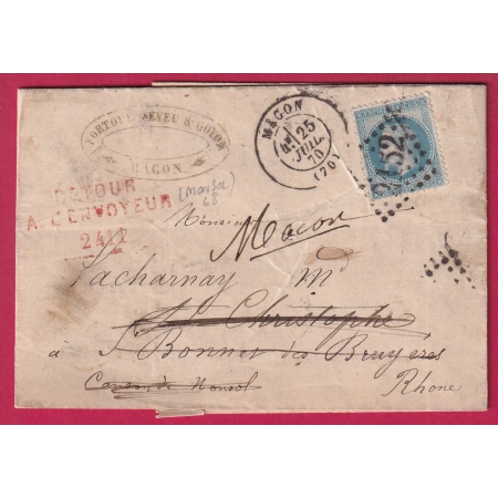 N°29 GC 2152 MACON SAONE ET LOIRE RETOUR ENVOYEUR 2411 MONSOL RHONE MENTION DECACHETEE PAR LE FACTEUR LETTRE FRANCE