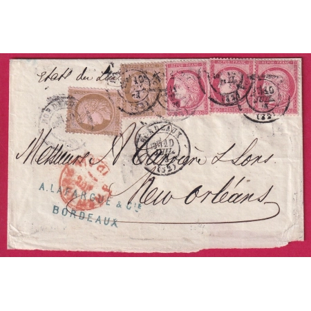 N°54 X2 57 X3 CAD BORDEAUX GIRONDE POUR LES USA NEW ORLEANS NOUVELLE 1873 LETTRE COVER
