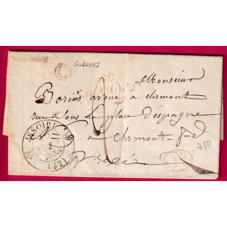 CURSIVE 62 SAUXILLANGE EN ROUGE PUY DE DOME BOITE RURALE C SUGERES DECIME RURAL 1838 LETTRE COVER