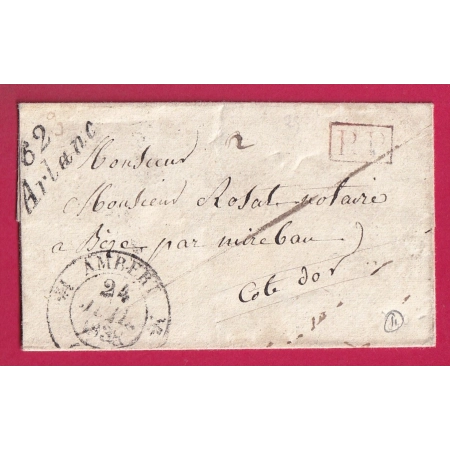 CURSIVE 62 ARLANC PP ROUGE CAD TYPE 12 AMBERT PUY DE DOME 1838 POUR BEZE COTE D'OR INDICE 11 LETTRE COVER