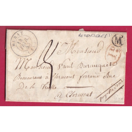 CAD TYPE 15 MURAT CANTAL 1843 BOITE RURALE M REZENTIERES DECIME RURALE POUR CLERMONT LETTRE COVER