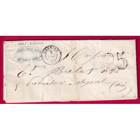 CAD TYPE 15 LAGNIEU AIN BOITE RURALE SUPPLEMENTAIRE D2 SAULT BRENAZ POUR SEYSSEL 1853 LETTRE COVER