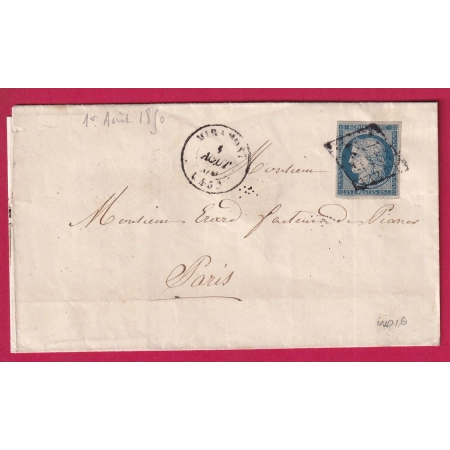 N°4 TTB GRILLE MIRAMONT LOT ET GARONNE 1 AOUT 1850 POUR PARIS INDICE 16 LETTRE COVER
