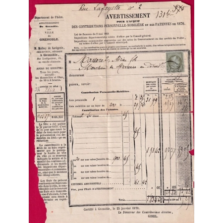 N°19 SEUL SUR AVERTISSEMENT CONTRIBUTIONS GRENOBLE ISERE CAD TYPE 17 1870 LETTRE COVER