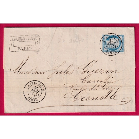 N°60 CAD PARIS R DE CLERY POUR GRENOBLE JUIN 1876 LETTRE FRANCE