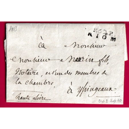 MARQUE P62P RIOM PUY DE DOME 1813 POUR YSSINGEAUX HAUTE LOIRE INDICE 10 LETTRE COVER FRANCE