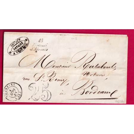 CURSIVE 45 VERTEUIL D'AGENAIS LOT ET GARONNE 1851 POUR BORDEAUX INDICE 16 LETTRE COVER FRANCE