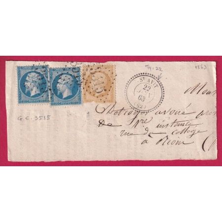 N°22 X2 21 GC 3515 ST AVIT PUY DE DOME CAD TYPE 22 POUR RIOMS FRAGMENT DE LETTRE TARIF PAPIERS AFFAIRES COVER
