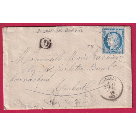 N°60 CAD TYPE 16 VIVEROLS PUY DE DOME BOITE RURALE D ST JUST DE BAFFIE POUR AMBERT LETTRE COVER FRANCE