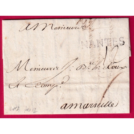 MARQUE NANTES LOIRE INFERIEURE LENAIN N°3 INDICE 12 1736 POUR MARSEILLE LETTRE FRANCE
