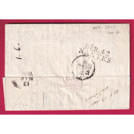 DEBOURSE DEB42 NANTES LOIRE INFERIEURE 1829 33X11 INDICE 17 DEPART BRIANCON HAUTES ALPES LETTRE FRANCE