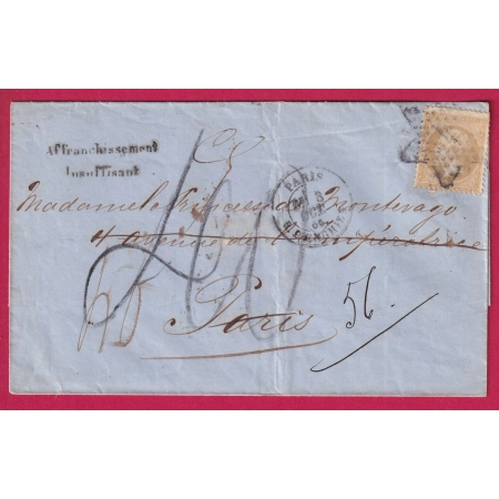 N°21 PARIS ETOILE 4 POUR PARIS REEXPEDIE GENEVE SUISSE TAXE 40 CRAYON GRIFFE AFFRANCHISSEMENT INSUFFISANT LETTRE FRANCE