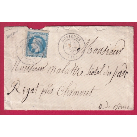 N°29 TARDIF 1876 CAD TYPE 17 DUNIERES HAUTE LOIRE POUR CLERMONT FERRAND LETTRE FRANCE