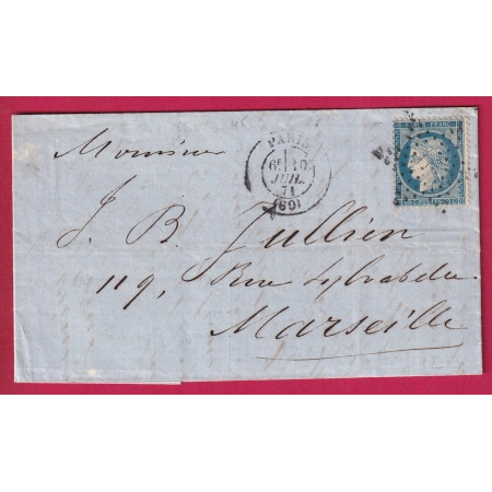 N°37 ETOILE EVIDEE 3645 POTHION INDICE 20 10 JUILLET 1871 POUR MARSEILLE LETTRE FRANCE