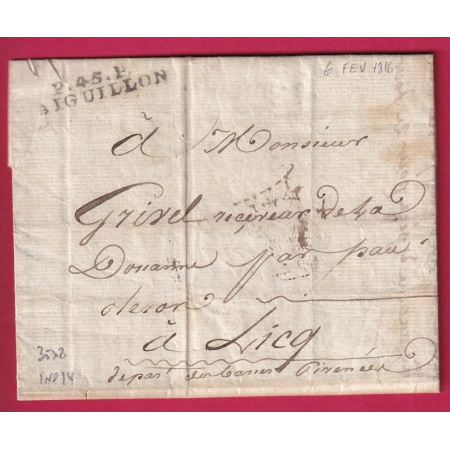 MARQUE P45P AIGUILLON LOT ET GARONNE 1816 POUR LICQ BASSES PYRENEES INDICE 14 LETTRE COVER FRANCE