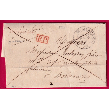 CURSIVE 45 MIRAMONT EN ROUGE PP EN ROUGE CAD TYPE 12 MARMANDE LOT ET GARONNE POUR BORDEAUX LETTRE FRANCE