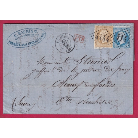 N°21 22 GC 4144 VERGEZE GARD POUR LA CHAUX DE FONDS SUISSE 1866 LETTRE COVER FRANCE