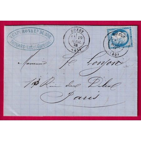 N°60 CAD TYPE 17 BUZET LOT ET GARONNE POUR PARIS 19 AVRIL 1876 LETTRE COVER FRANCE