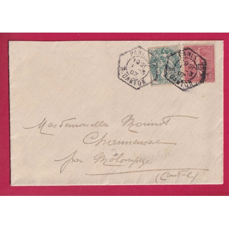 N°111 129 LEVEE EXCEPTIONNELLE PARIS R DANTON 1907 POUR MOLONPIZE CANTAL 1907 LETTRE COVER FRANCE