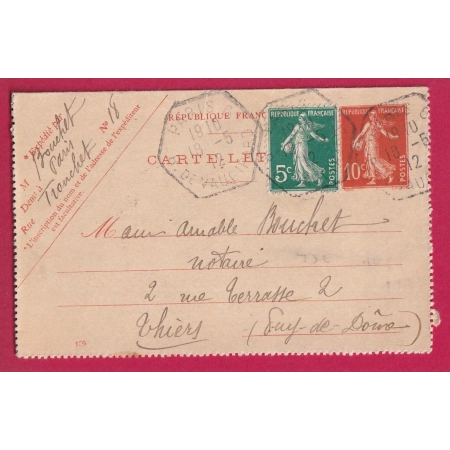 ENTIER 10C SEMEUSE + 137 LEVEE EXCEPTIONNELLE PARIS R DE VAUGIRARD POUR THIERS PUY DE DOME LETTRE COVER FRANCE