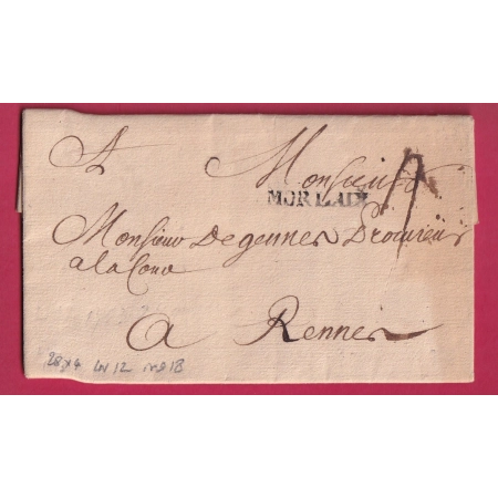 MARQUE MORLAIX FINISTERE LENAIN N°12 INDICE 18 POUR RENNES ILLE ET VILAINE TEXTE LANDIVISIAU 1753 LETTRE COVER