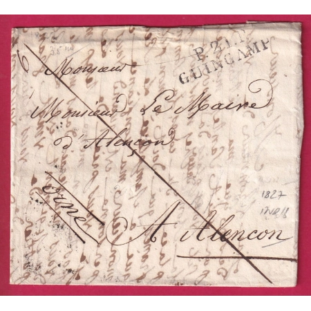 MARQUE P21P GUINGAMP COTES DU NORD 1827 INDICE 11 POUR ALENCON ORNE LETTRE COVER