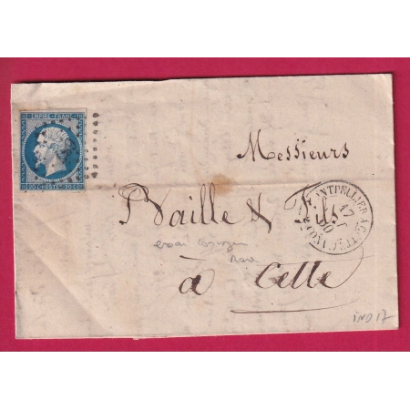 N°14 PC 687 CONVOYEUR STATION ESSAI CETTE A MONTPELLIER HERAULT 1860 POUR CETTE LETTRE COVER FRANCE