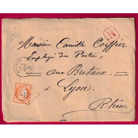 N°38 GC 63 ALLEGRE HAUTE LOIRE CAD TYPE 16 RECOMMANDE POUR LYON LES BROTTEAUX 1874 MENTION POIDS TARIF ?? LETTRE COVER