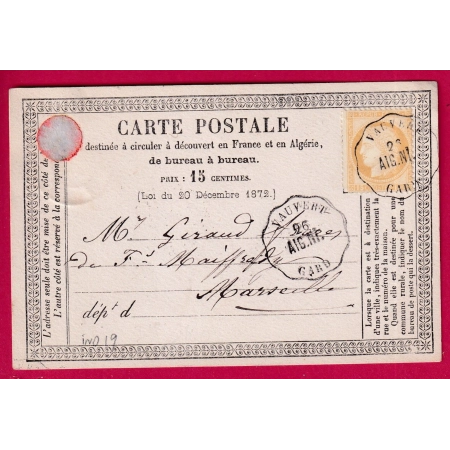 N°55 CONVOYEUR STATION VAUVERT GARD POUR MARSEILLE CARTE PRECURSEUR INDICE 19 LETTRE COVER